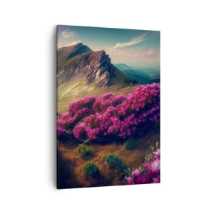 Bild auf Leinwand - Leinwandbild - Berglandschaft mit blühenden Rhododendren - 50x70cm - Sommer in den Bergen - Moderne Wanddekoration für Wohnzimmer und Schlafzimmer ARTTOR