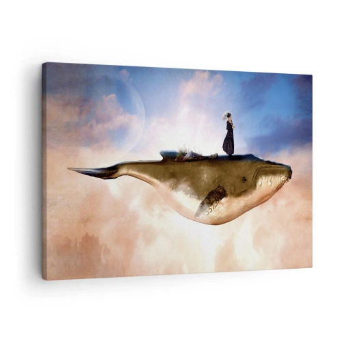 Bild auf Leinwand - Leinwandbild - Eine fantastische Szene einer Frau auf einem Wal zwischen den Wolken - 70x50cm - Eine echte Reise - Moderne Wanddekoration für Wohnzimmer und Schlafzimmer ARTTOR