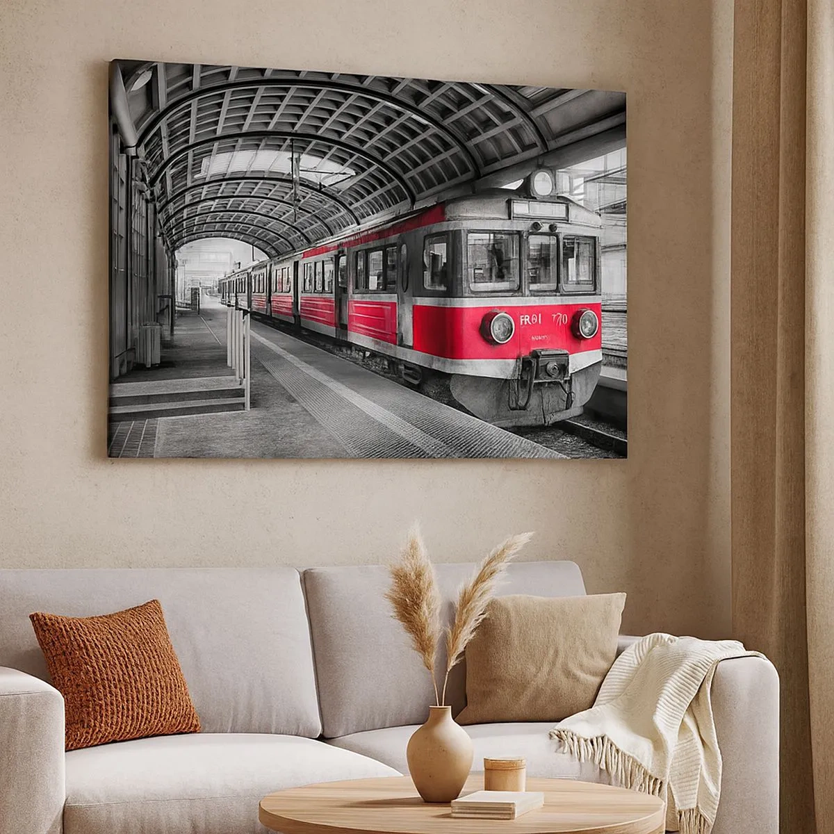 Bild auf Leinwand - Leinwandbild - Roter Zug am Bahnhof unter einem Dach - 70x50cm - Vielleicht ist es eine Reise Ihres Lebens? - Moderne Wanddekoration für Wohnzimmer und Schlafzimmer ARTTOR
