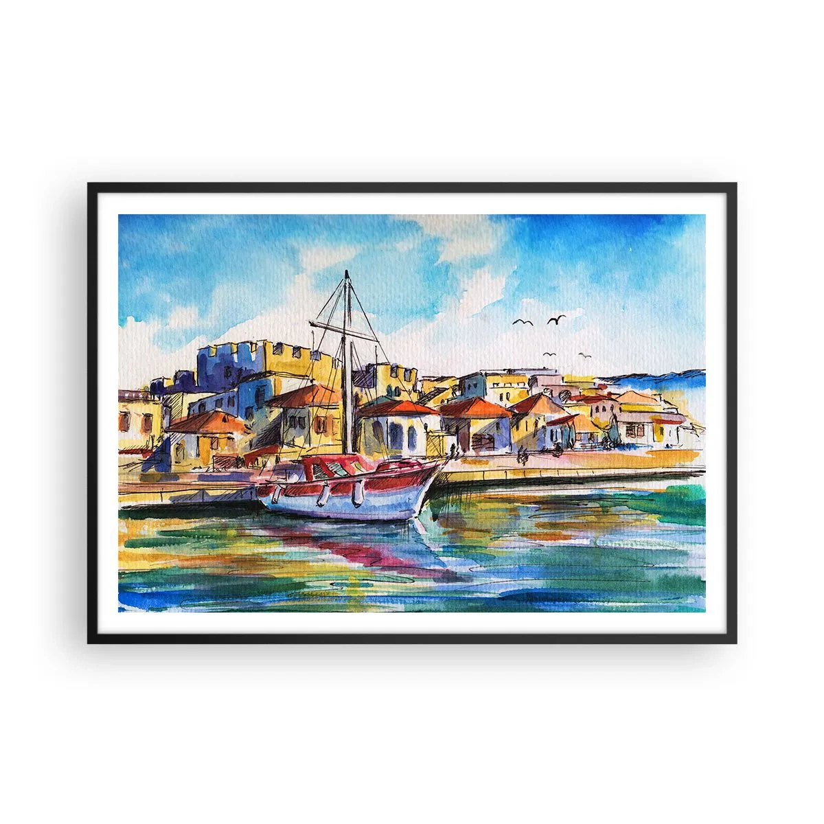 Poster in einem schwarzem Rahmen - Ein malerischer Hafen mit einem Boot und farbenfrohen Gebäuden - 100x70cm - Regenbogennachmittag - Moderne Wanddekoration für Wohnzimmer und Schlafzimmer ARTTOR