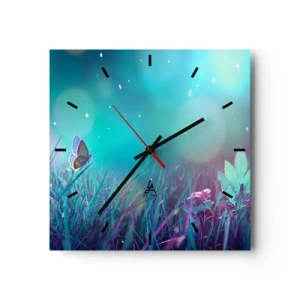 Wanduhr - Glasuhr - Ein Schmetterling auf dem Gras im Licht verschwommener Reflexionen - 30x30cm - Das geheime Leben der Wiese - Moderne Wanddekoration für Wohnzimmer und Schlafzimmer ARTTOR