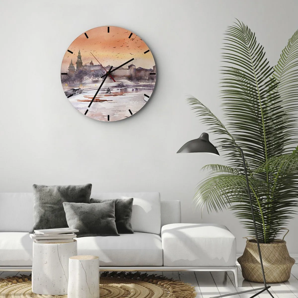 Wanduhr - Glasuhr - Sonnenuntergang über der Burg mit dem Fluss und Vögeln am Himmel - 30x30cm - Königlicher Sonnenuntergang - Moderne Wanddekoration für Wohnzimmer, Küche und Schlafzimmer ARTTOR