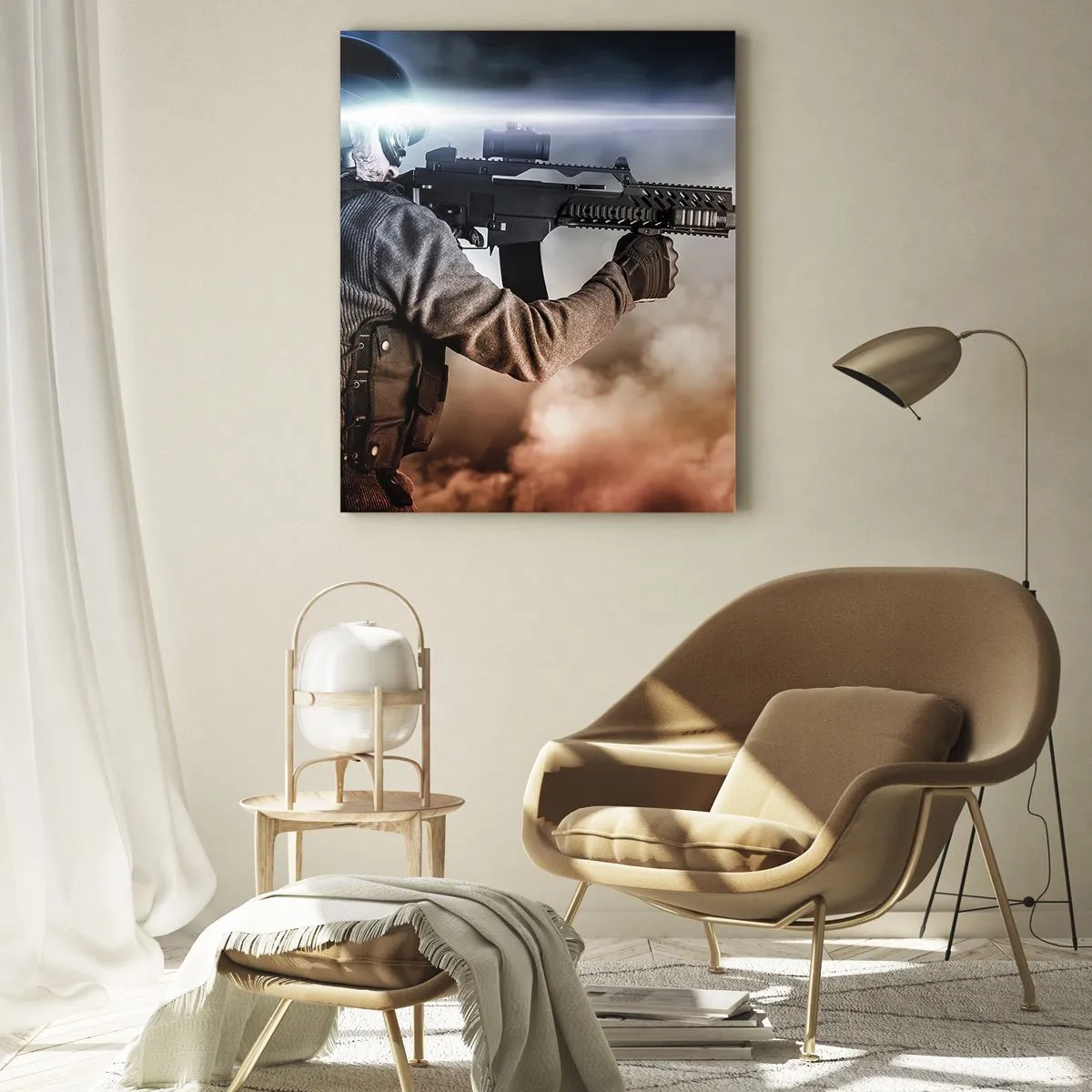 Glasbild - Bild auf glas - Ein Soldat im Einsatz mit einem Gewehr vor einem Hintergrund aus Wolken und Licht. - 80x120cm - Nur ein Held - Moderne Wanddekoration für Wohnzimmer und Schlafzimmer ARTTOR