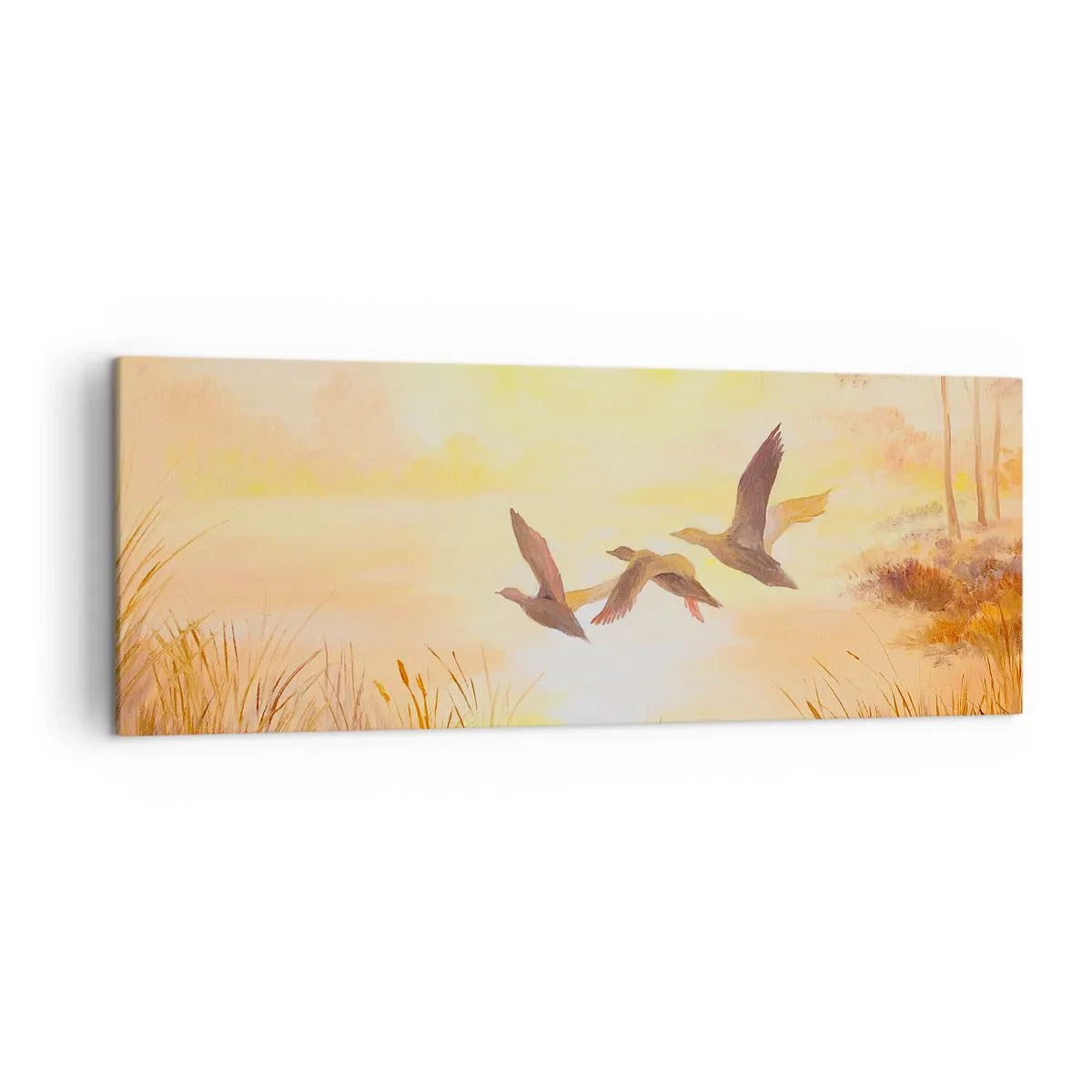 Bild auf Leinwand - Leinwandbild - Enten fliegen bei Sonnenaufgang über den See - 140x50cm - Der Beginn einer langen Reise - Moderne Wanddekoration für Wohnzimmer und Schlafzimmer ARTTOR