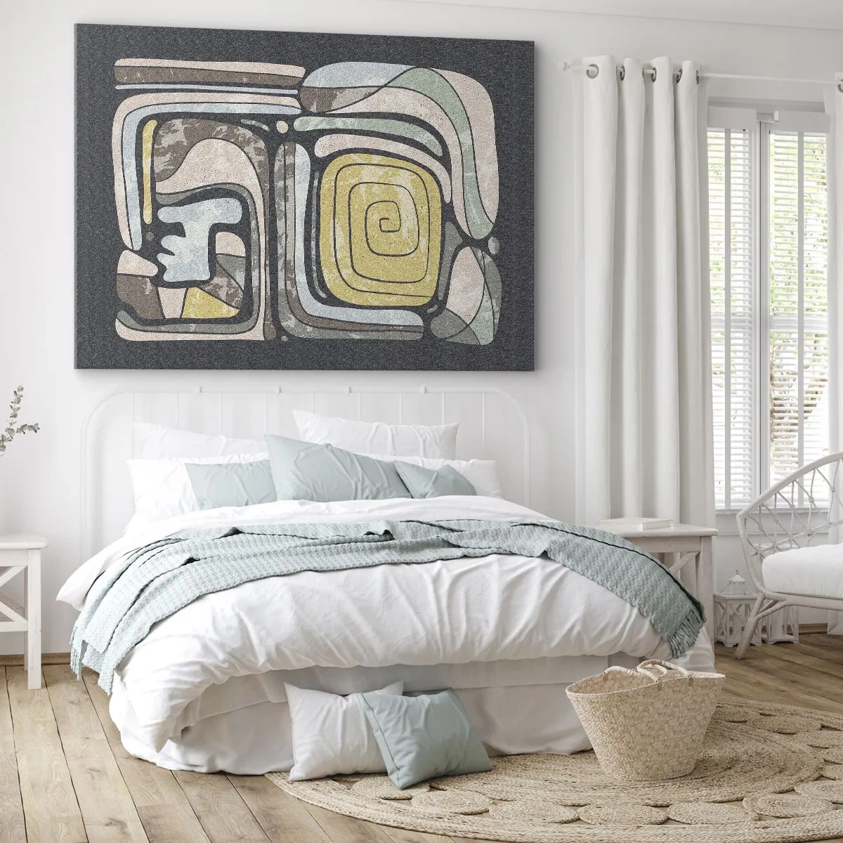 Bild auf Leinwand - Leinwandbild - Präkolumbianische Muster in Pastellfarben auf dunklem Hintergrund - 70x50cm - Abstraktion im präkolumbianischen Geist - Moderne Wanddekoration für Wohnzimmer und Schlafzimmer ARTTOR
