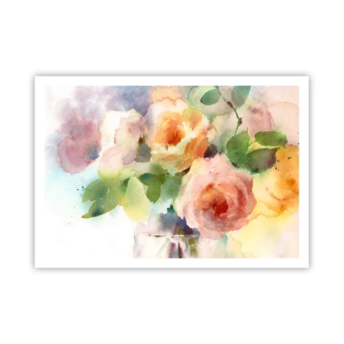 Poster - Zarte Rosen im Aquarell-Stil auf hellem Hintergrund - 100x70cm - Zart wie Aquarell - Moderne Wanddekoration für Wohnzimmer und Schlafzimmer ARTTOR