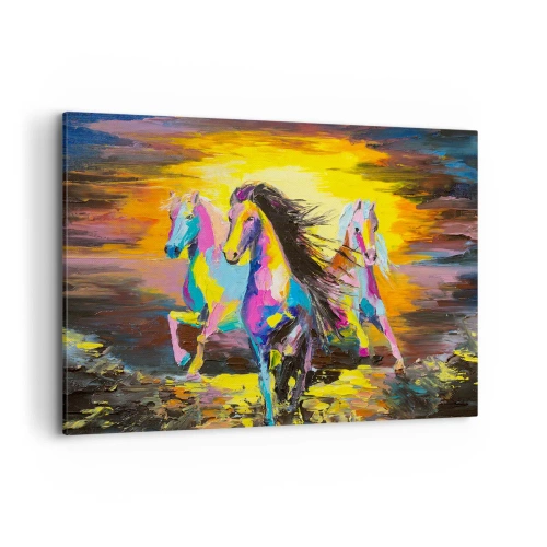 Bild auf Leinwand - Leinwandbild - Bunte Pferde galoppieren vor dem Hintergrund der untergehenden Sonne - 100x70cm - Eingetaucht in den Regenbogen - Moderne Wanddekoration für Wohnzimmer und Schlafzimmer ARTTOR