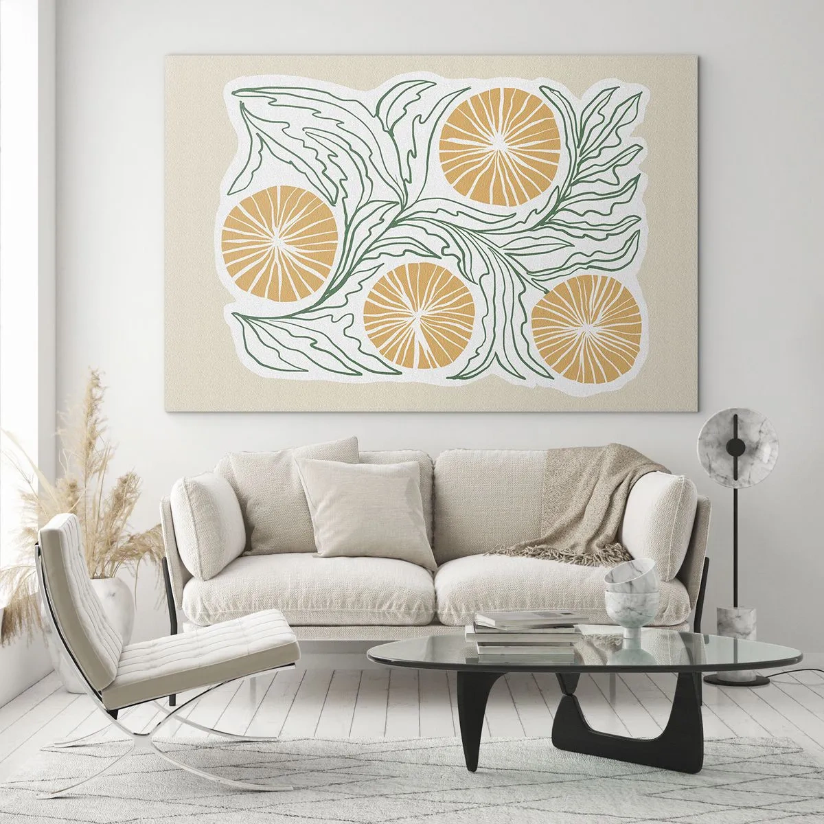 Glasbild - Bild auf glas - Orangefarbene Früchte und grüne Blätter in einer grafischen Komposition - 70x50cm - Ethnisch mit einem Hauch von Abstraktion - Moderne Wanddekoration für Wohnzimmer und Schlafzimmer ARTTOR
