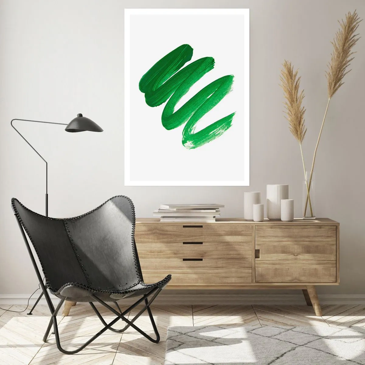 Poster - Minimalistische grüne Pinselstriche auf weißem Hintergrund - 50x70cm - Grüner Witz - Moderne Wanddekoration für Wohnzimmer und Schlafzimmer ARTTOR