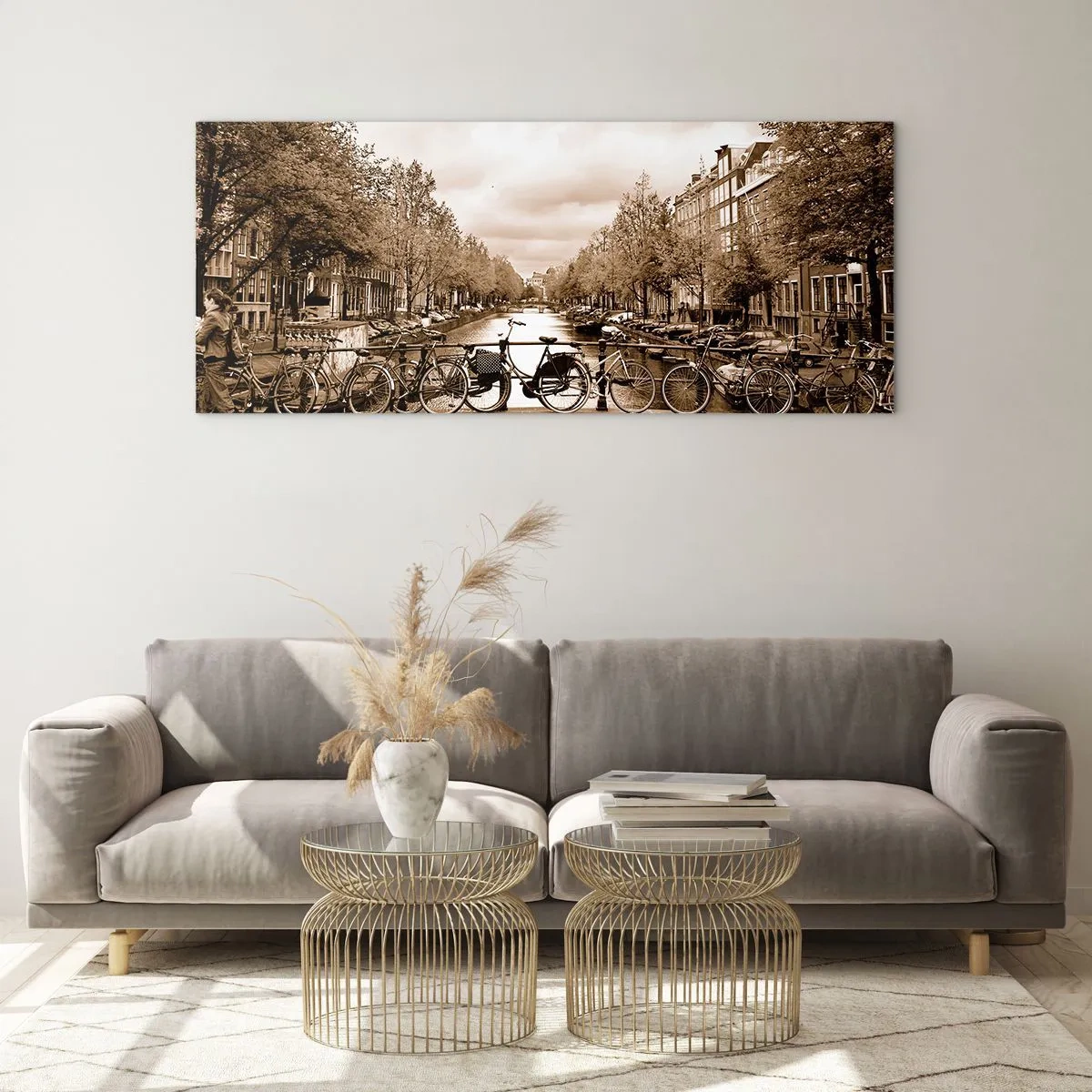 Glasbild - Bild auf glas - Fahrradbrücke über den Kanal in Sepia - 160x50cm - Niederländische Atmosphäre - Moderne Wanddekoration für Wohnzimmer und Schlafzimmer ARTTOR