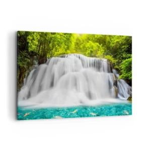 Bild auf Leinwand - Leinwandbild - Ein Wasserfall in einem tropischen Wald mit türkisfarbenem Wasser - 120x80cm - Eine schaumige Kaskade von grün bis azurblau - Moderne Wanddekoration für Wohnzimmer und Schlafzimmer ARTTOR