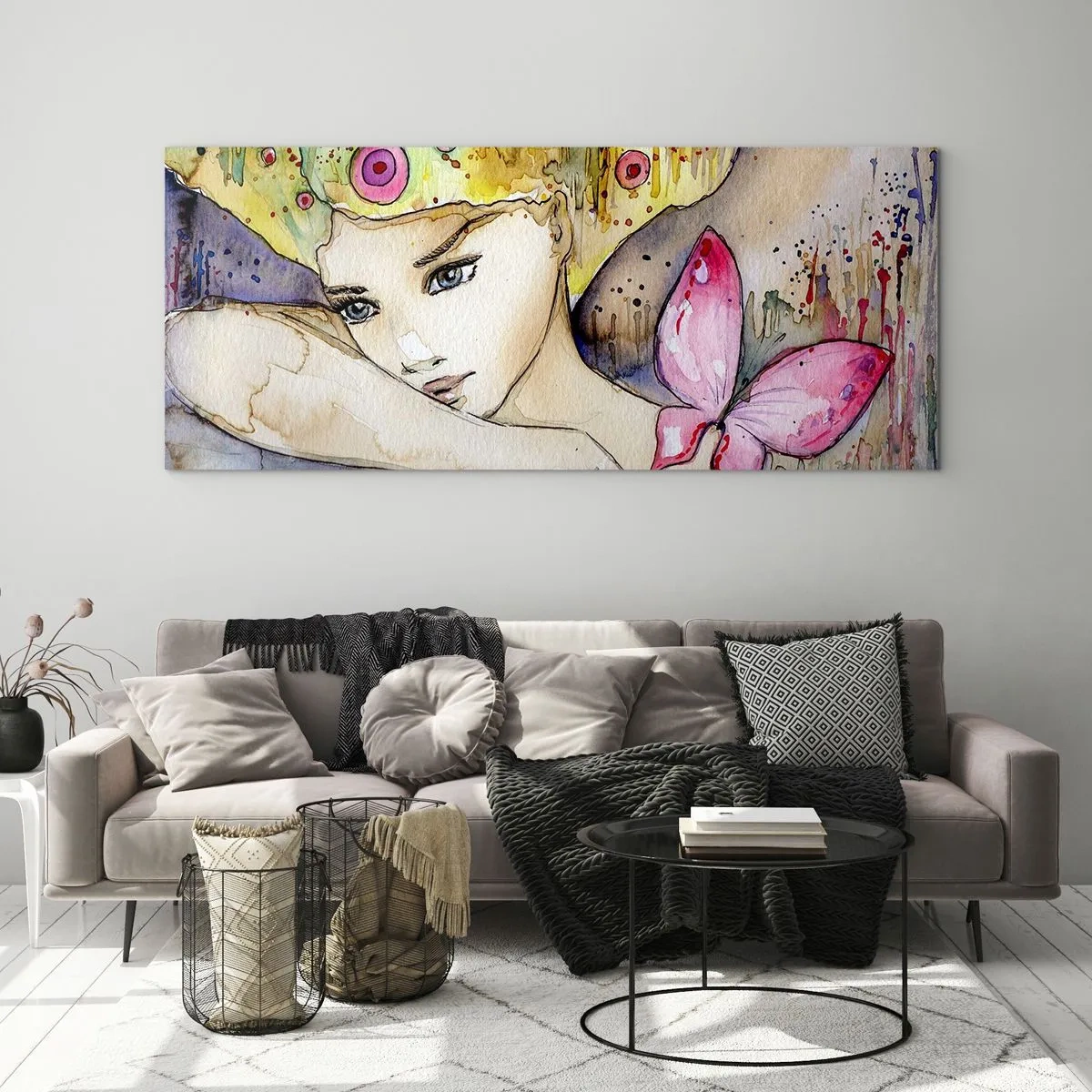 Glasbild - Bild auf glas - Eine Frau mit abstrakter Frisur und einem rosa Schmetterling - 120x50cm - Schmetterlingsprinzessin - Moderne Wanddekoration für Wohnzimmer und Schlafzimmer ARTTOR