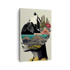 Bild auf Leinwand - Leinwandbild - Collage einer Frau mit Berglandschaft und Blumen - 80x120cm - Frau – bleibt immer ein Geheimnis - Moderne Wanddekoration für Wohnzimmer und Schlafzimmer ARTTOR