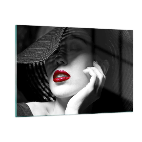 Glasbild - Bild auf glas - Schwarz-Weiß-Komposition mit rotem Lippenakzent - 120x80cm - Eine Studie in Scharlachrot - Moderne Wanddekoration für Wohnzimmer und Schlafzimmer ARTTOR