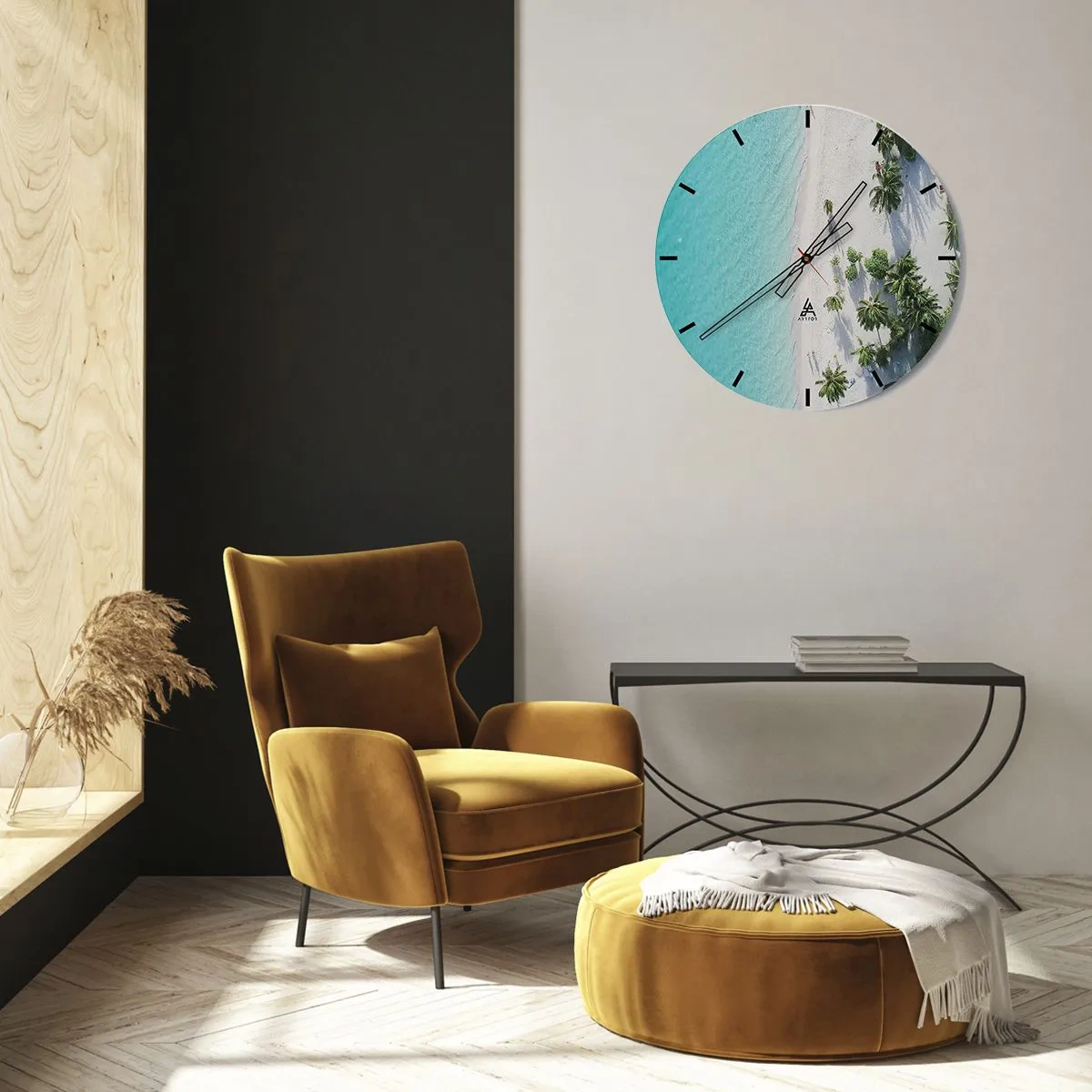 Wanduhr - Glasuhr - Draufsicht auf den Strand mit türkisfarbenem Wasser und Palmen - 30x30cm - Urlaub im Paradies - Moderne Wanddekoration für Wohnzimmer, Küche und Schlafzimmer ARTTOR