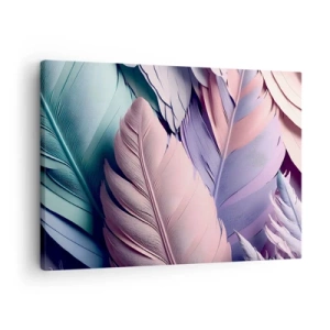 Bild auf Leinwand - Leinwandbild - Bunte Federn in Pastelltönen auf hellem Hintergrund - 70x50cm - Vogel-Chic - Moderne Wanddekoration für Wohnzimmer und Schlafzimmer ARTTOR
