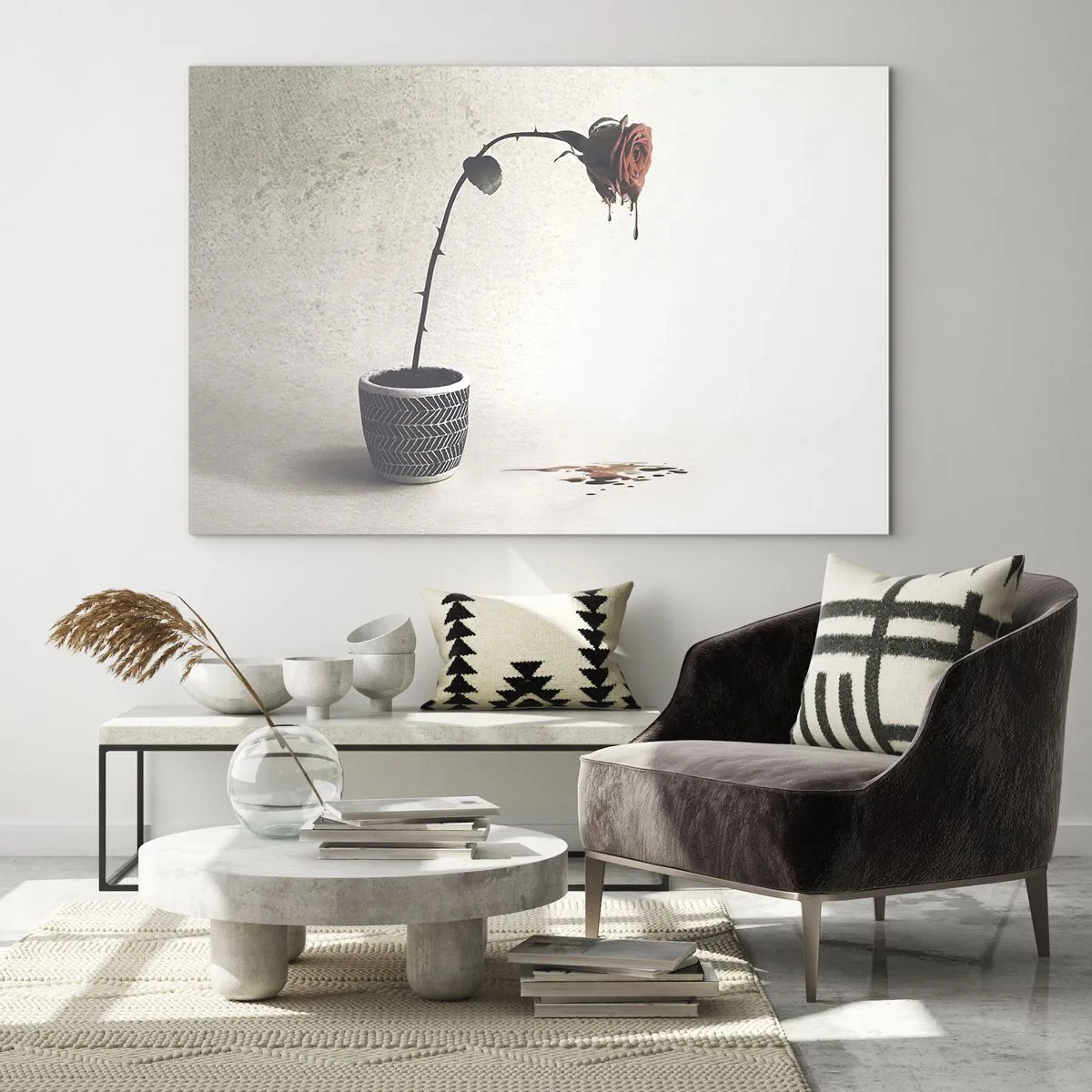 Glasbild - Bild auf glas - Eine symbolische Rose in einem Topf mit tropfender Farbe - 100x70cm - Rosa dolorosa - Moderne Wanddekoration für Wohnzimmer und Schlafzimmer ARTTOR