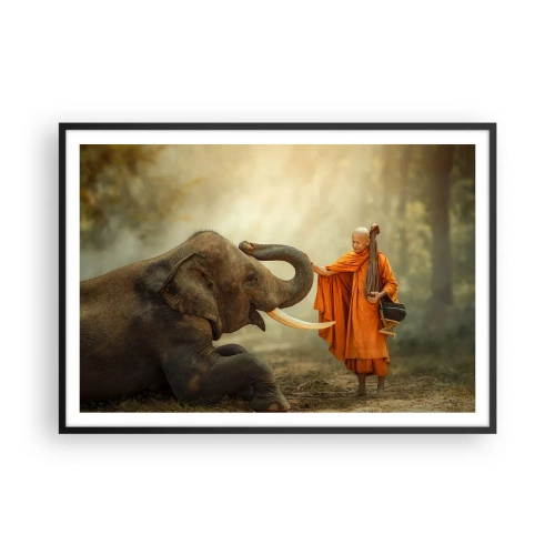 Poster in einem schwarzem Rahmen - Ein Mönch und ein Elefant in Harmonie vor der Kulisse der Natur - 100x70cm - Treffen unterwegs - Moderne Wanddekoration für Wohnzimmer und Schlafzimmer ARTTOR