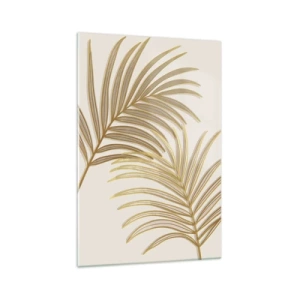 Glasbild - Bild auf glas - Goldene Palmblätter auf hellem Hintergrund im minimalistischen Stil - 70x100cm - Goldene Palme! - Moderne Wanddekoration für Wohnzimmer und Schlafzimmer ARTTOR