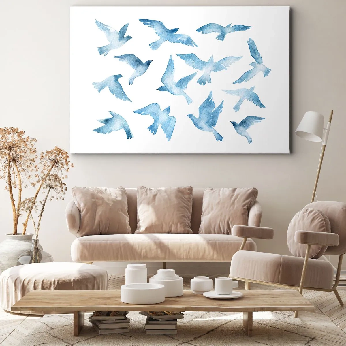 Bild auf Leinwand - Leinwandbild - Ein subtiles Aquarell, das fliegende Vögel darstellt - 120x80cm - Blaue Vögel - Moderne Wanddekoration für Wohnzimmer und Schlafzimmer ARTTOR