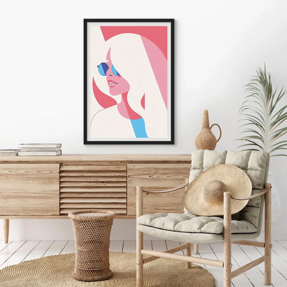 Poster in einem schwarzem Rahmen - Stilisiertes Porträt einer Frau mit Sonnenbrille - 50x70cm - Es war eine Blondine... - Moderne Wanddekoration für Wohnzimmer und Schlafzimmer ARTTOR