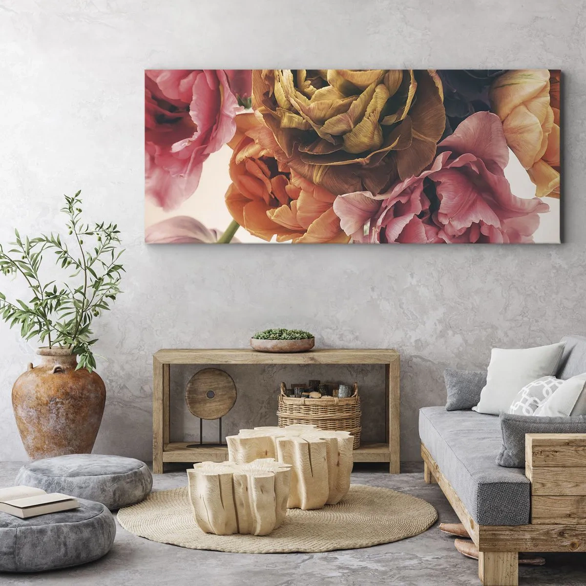 Bild auf Leinwand - Leinwandbild - Ein Strauß verschiedener Blumen in intensiven Farben - 140x50cm - Eine Feier des Lebens - Moderne Wanddekoration für Wohnzimmer und Schlafzimmer ARTTOR