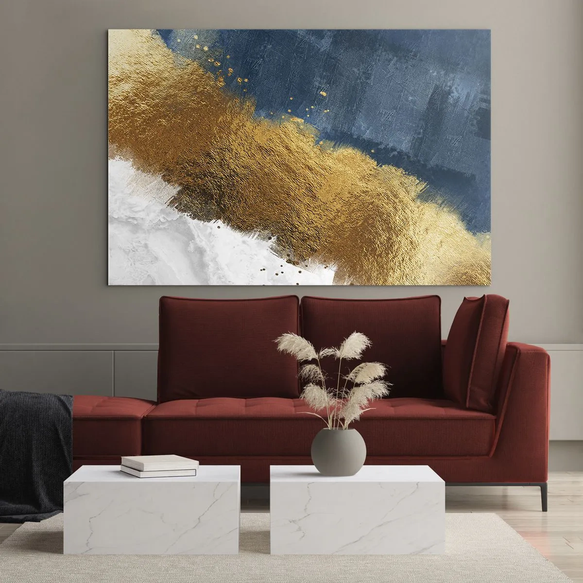 Glasbild - Bild auf glas - Goldene Pinselstriche auf marineblauem und weißem Hintergrund - 120x80cm - Farben des Sommers - Moderne Wanddekoration für Wohnzimmer und Schlafzimmer ARTTOR