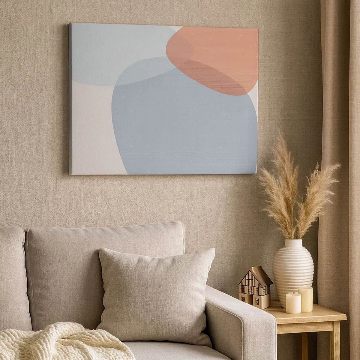 Bild auf Leinwand - Leinwandbild - Eine abstrakte Komposition in Pastelltönen von Blau und Rosa mit organischen Formen. - 70x50cm - Pastellbeziehungen - Moderne Wanddekoration für Wohnzimmer und Schlafzimmer ARTTOR