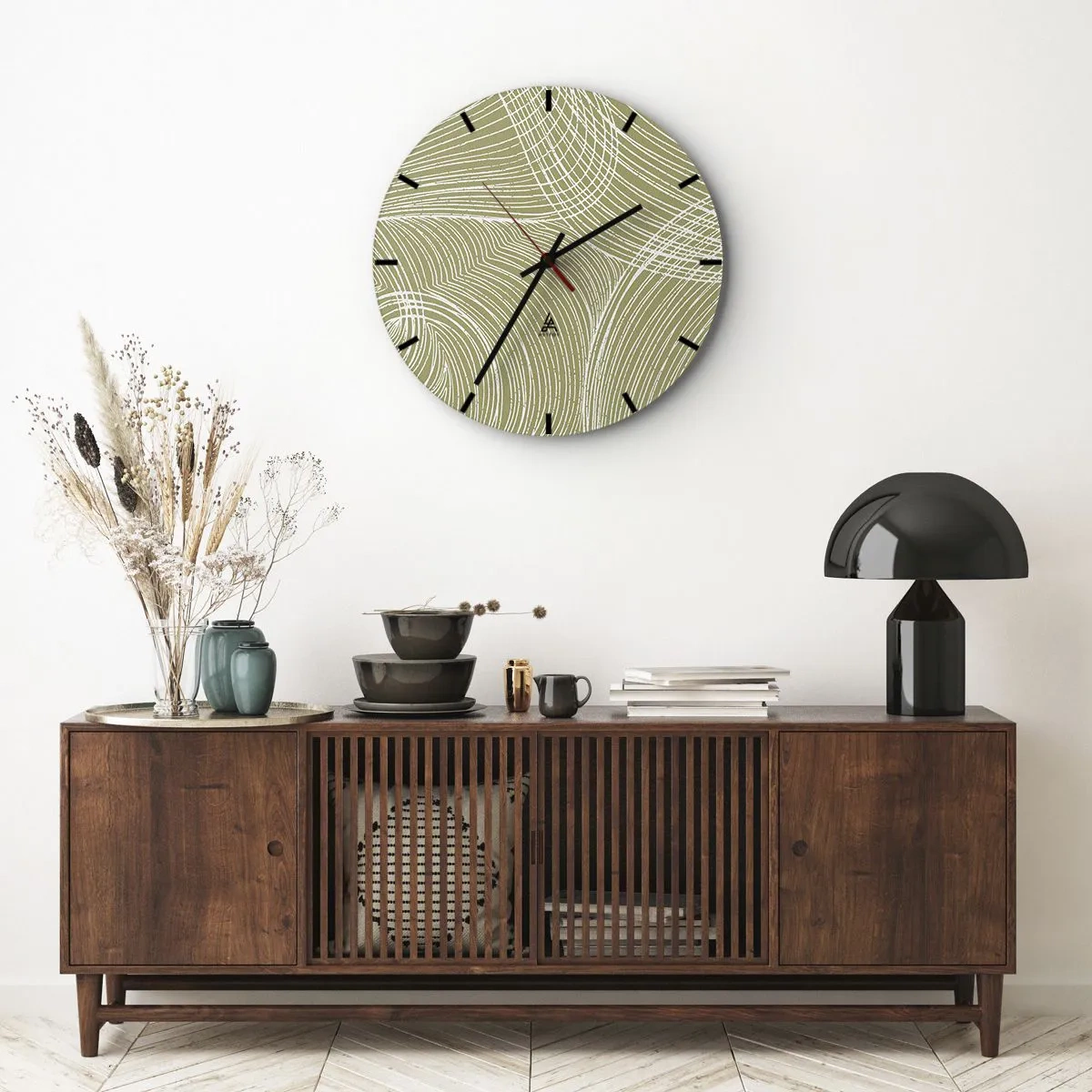 Wanduhr - Glasuhr - Ein beiger Hintergrund mit einem komplizierten weißen Muster aus Linien und Bögen. - 30x30cm - Komplizierte Abstraktion in Weiß - Moderne Wanddekoration für Wohnzimmer, Küche und Schlafzimmer ARTTOR