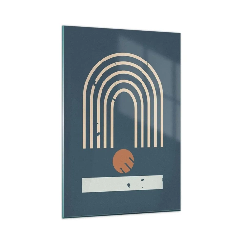 Glasbild - Bild auf glas - Geometrisches Muster in Marineblau-, Beige- und Orangetönen auf dunklem Hintergrund - 80x120cm - Geometrie auf dem Granatapfel - Moderne Wanddekoration für Wohnzimmer und Schlafzimmer ARTTOR