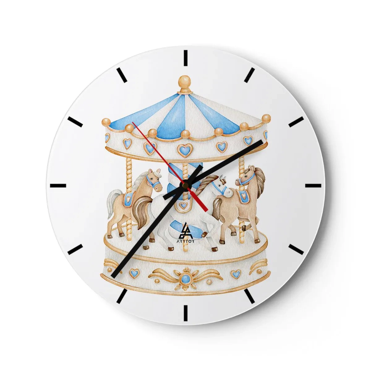 Wanduhr - Glasuhr - Ein Karussell mit Pferden in Pastelltönen von Blau und Beige - 30x30cm - Süße Kindheit - Moderne Wanddekoration für Wohnzimmer, Küche und Schlafzimmer ARTTOR
