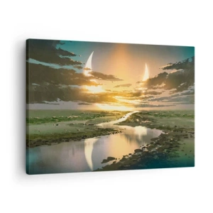 Bild auf Leinwand - Leinwandbild - Eine fantastische Landschaft mit zwei Monden am Horizont - 70x50cm - Irgendwo in einer weit, weit entfernten Galaxie - Moderne Wanddekoration für Wohnzimmer und Schlafzimmer ARTTOR