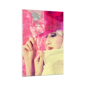 Glasbild - Bild auf glas - Stilvolle Frau mit rosa Hut und Blume - 70x100cm - Retro-Porträt in einem rosa Nebel - Moderne Wanddekoration für Wohnzimmer und Schlafzimmer ARTTOR