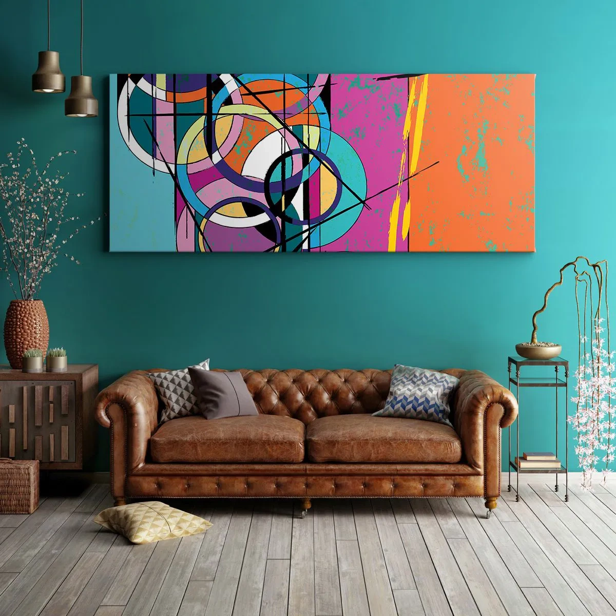 Bild auf Leinwand - Leinwandbild - Bunte Abstraktion mit geometrischen Kreisen - 120x50cm - Rad für Rad - Moderne Wanddekoration für Wohnzimmer und Schlafzimmer ARTTOR