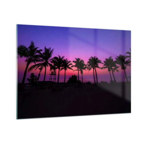Glasbild - Bild auf glas - Palmen vor dem Hintergrund eines lila-rosa Sonnenuntergangs - 100x70cm - Abend unter Palmen - Moderne Wanddekoration für Wohnzimmer und Schlafzimmer ARTTOR