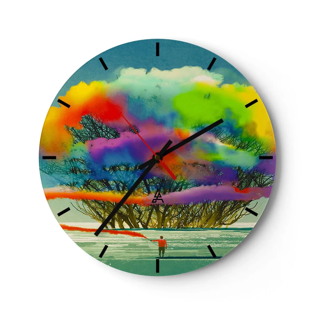 Wanduhr - Glasuhr - Eine Figur vor dem Hintergrund bunter Wolken und Baumsilhouetten - 30x30cm - Erwecke diese Welt zum Leben - Moderne Wanddekoration für Wohnzimmer, Küche und Schlafzimmer ARTTOR