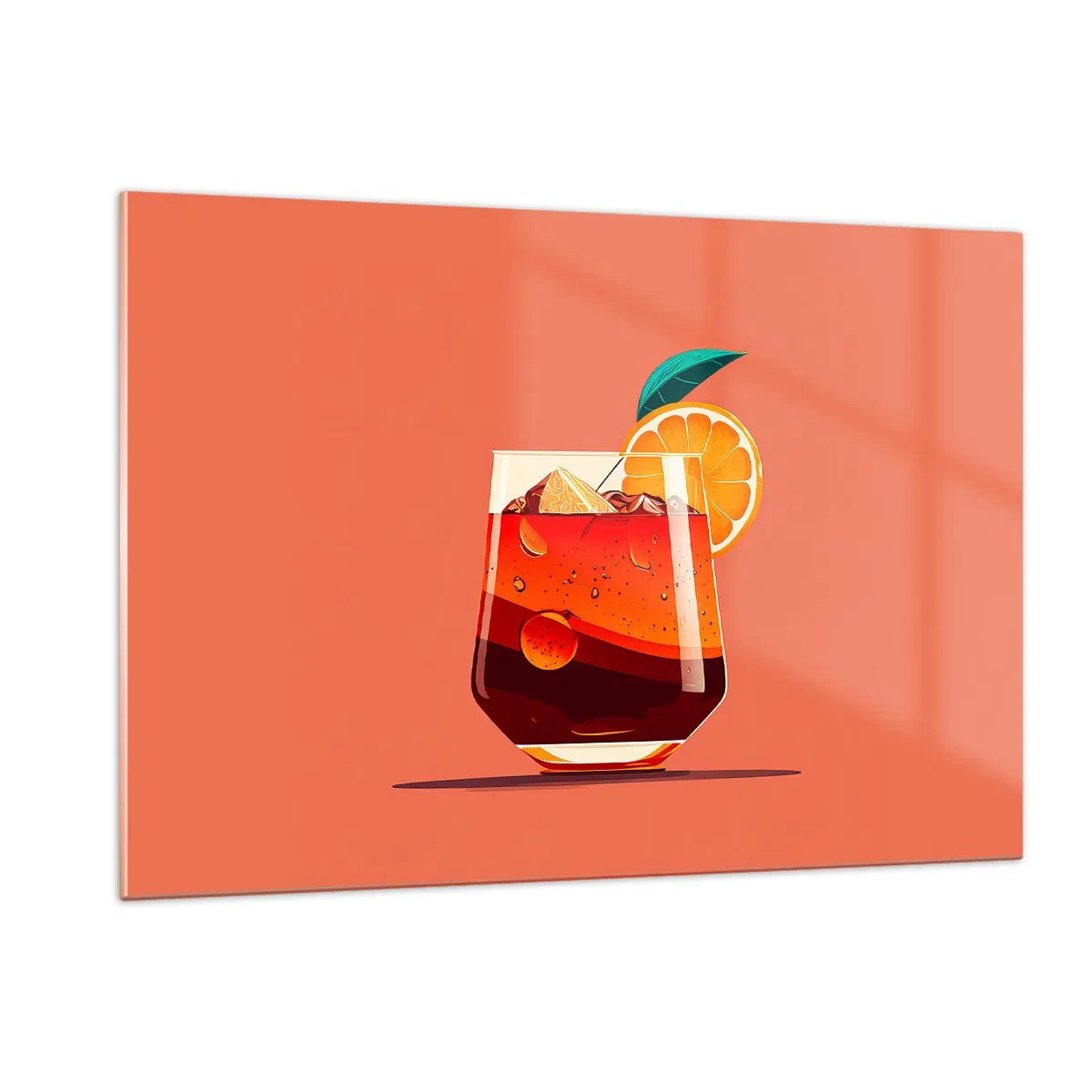 Glasbild - Bild auf glas - Ein farbenfrohes Getränk mit Orange auf einem warmen Pfirsichhintergrund - 120x80cm - Sommerliche Erfrischung - Moderne Wanddekoration für Wohnzimmer und Schlafzimmer ARTTOR