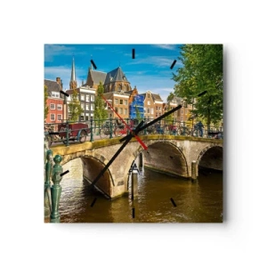 Wanduhr - Glasuhr - Ein malerischer Kanal mit einer Brücke in Amsterdam - 30x30cm - Frühling am Kanal - Moderne Wanddekoration für Wohnzimmer und Schlafzimmer ARTTOR