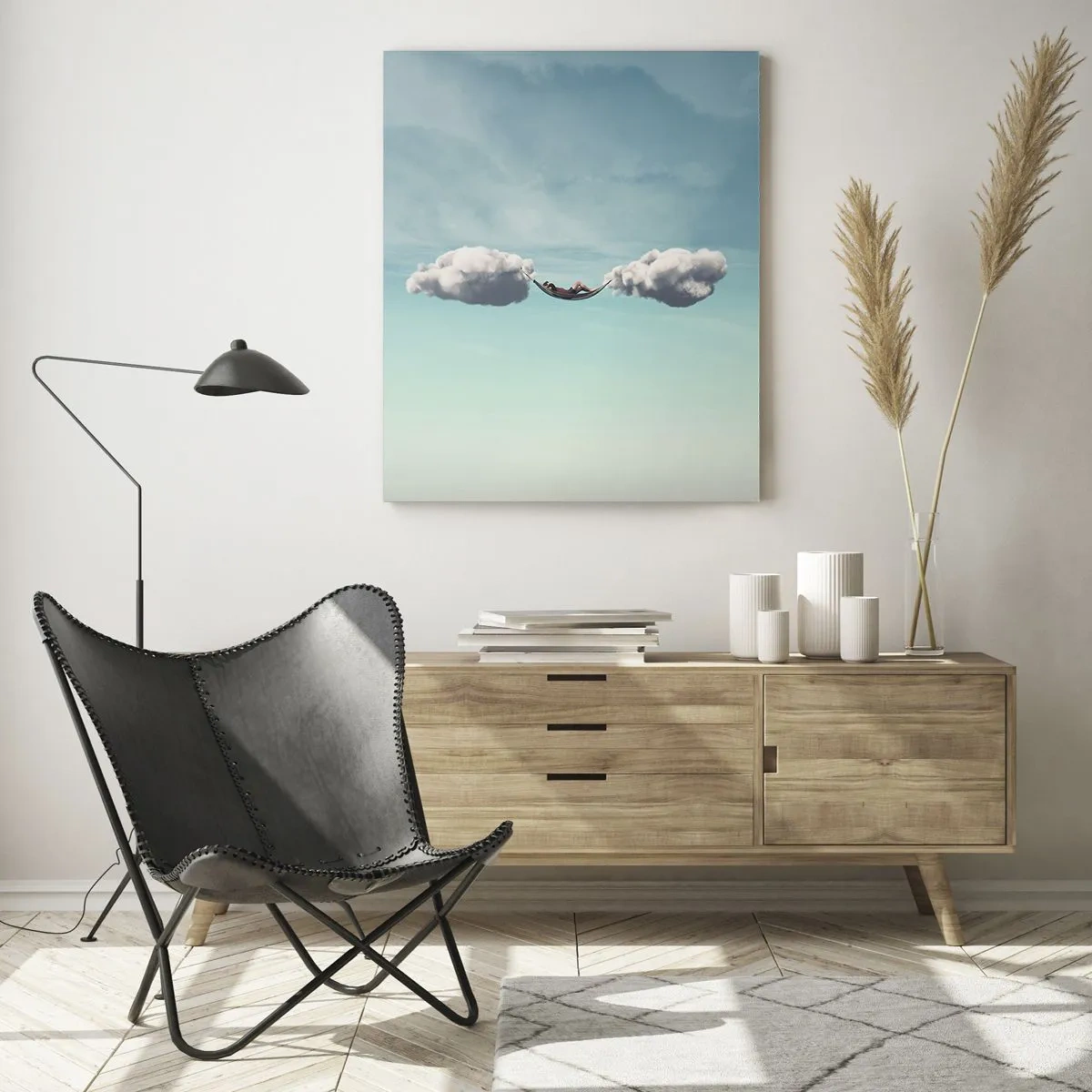 Glasbild - Bild auf glas - Eine Person entspannt in einer Hängematte in den Wolken - 80x120cm - Die Behaglichkeit des Augenblicks - Moderne Wanddekoration für Wohnzimmer und Schlafzimmer ARTTOR