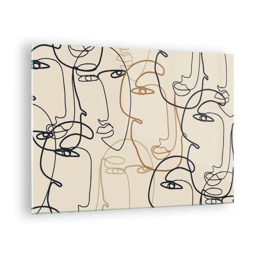 Glasbild - Bild auf glas - Konturierte Gesichter in einem Strich auf Beige gezeichnet - 70x50cm - Das Porträt wird multipliziert - Moderne Wanddekoration für Wohnzimmer und Schlafzimmer ARTTOR