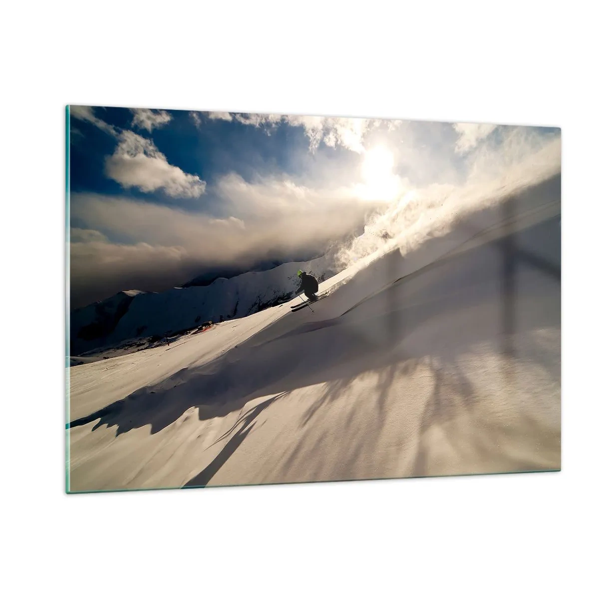 Glasbild - Bild auf glas - Ein Skifahrer gleitet im Licht der Wintersonne einen Hang hinunter - 120x80cm - Bergherausforderung angenommen - Moderne Wanddekoration für Wohnzimmer und Schlafzimmer ARTTOR