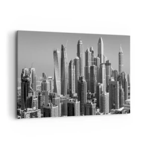 Bild auf Leinwand - Leinwandbild - Panorama moderner Wolkenkratzer in monochromen Tönen - 120x80cm - Stadt in der Wüste - Moderne Wanddekoration für Wohnzimmer und Schlafzimmer ARTTOR