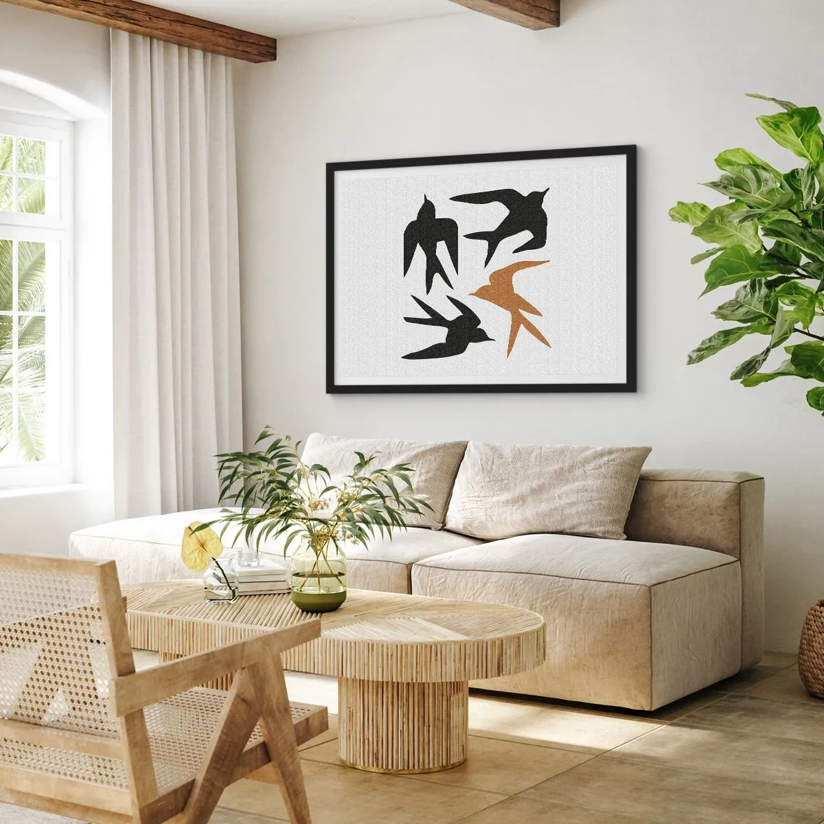Poster in einem schwarzem Rahmen - Silhouetten von Schwalben in Schwarz und Gold - 100x70cm - Schwalbenspaß - Moderne Wanddekoration für Wohnzimmer und Schlafzimmer ARTTOR
