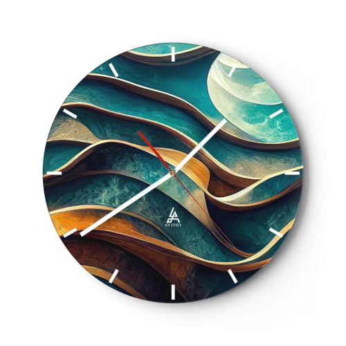 Wanduhr - Glasuhr - Abstrakte Wellen in Blau und Braun mit 3D-Effekt - 30x30cm - Blaue Mäander - Moderne Wanddekoration für Wohnzimmer, Küche und Schlafzimmer ARTTOR