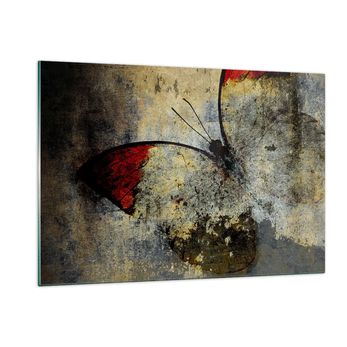 Glasbild - Bild auf glas - Abstrakter Schmetterling auf gealtertem Hintergrund - 120x80cm - Pass auf, bevor ich verschwinde - Moderne Wanddekoration für Wohnzimmer und Schlafzimmer ARTTOR
