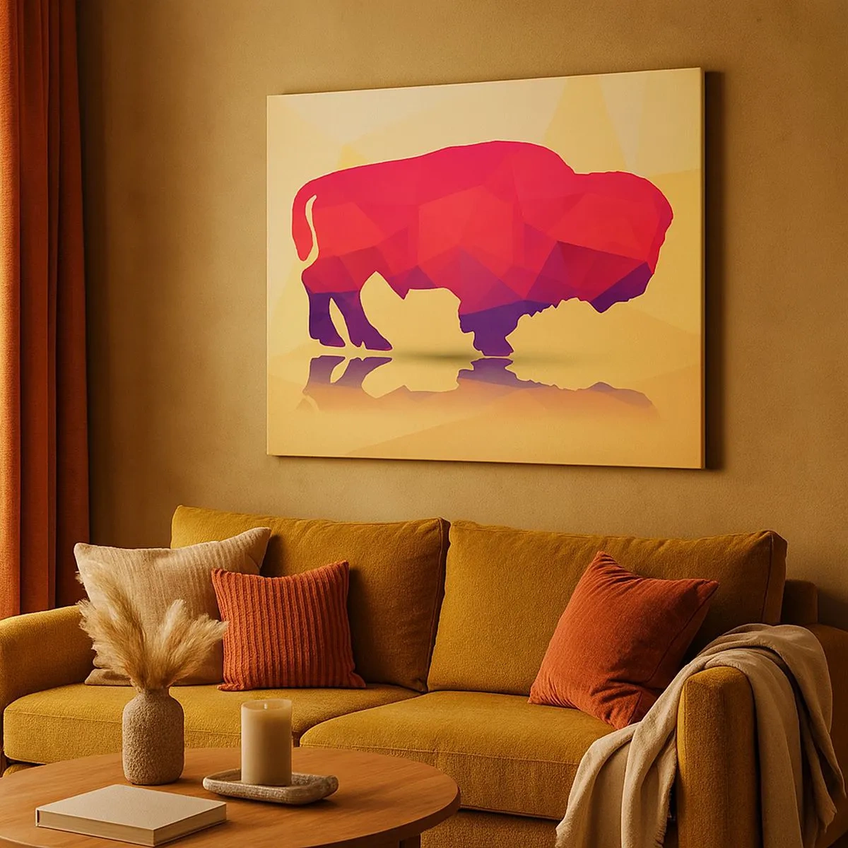Bild auf Leinwand - Leinwandbild - Geometrische Silhouette eines Bisons in Rot- und Lilatönen - 70x50cm - Die Amaranth-Stärke des Bisons - Moderne Wanddekoration für Wohnzimmer und Schlafzimmer ARTTOR