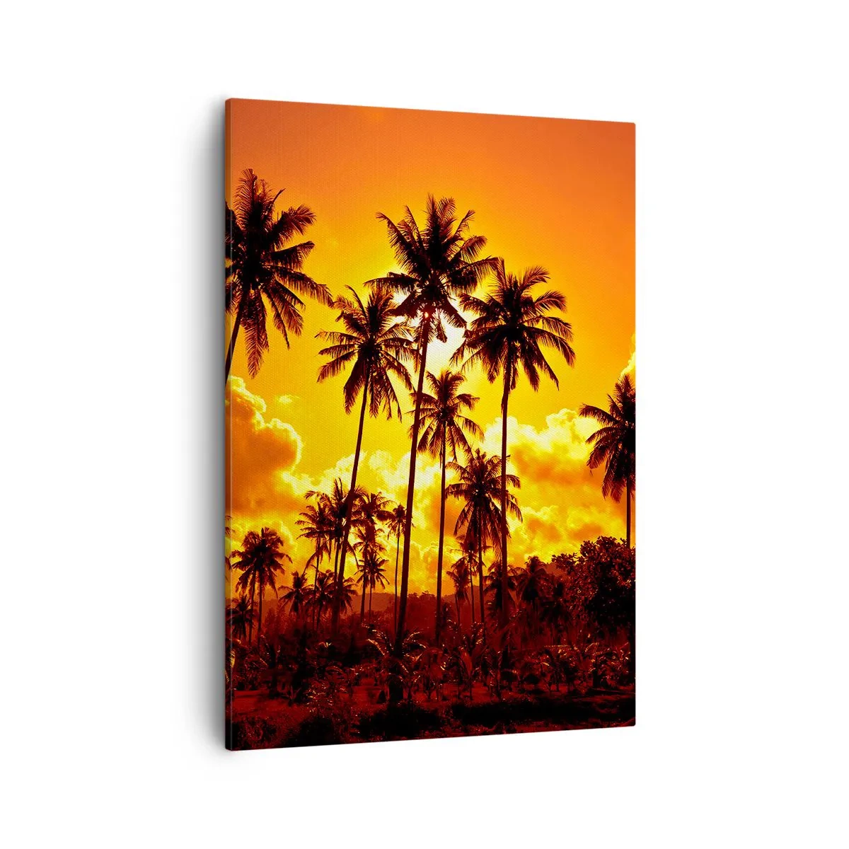 Bild auf Leinwand - Leinwandbild - Palmen vor einem goldenen Himmel während eines tropischen Sonnenuntergangs - 50x70cm - Berge brennen, Wälder brennen - Moderne Wanddekoration für Wohnzimmer und Schlafzimmer ARTTOR