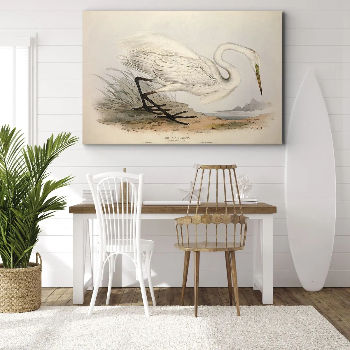 Bild auf Leinwand - Leinwandbild - Zeichnung eines weißen Reihers vor einem natürlichen Landschaftshintergrund - 70x50cm - Dame auf den Binsen - Moderne Wanddekoration für Wohnzimmer und Schlafzimmer ARTTOR