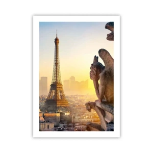 Poster - Ein Blick auf den Eiffelturm bei Sonnenaufgang mit einer Perspektive auf die steinernen Wasserspeier - 50x70cm - Vieles hat sich geändert ... - Moderne Wanddekoration für Wohnzimmer und Schlafzimmer ARTTOR