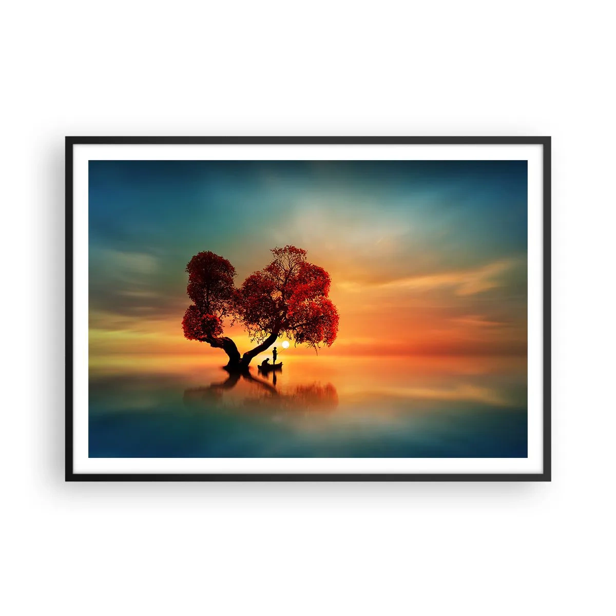 Poster in einem schwarzem Rahmen - Ein rotblättriger Baum und ein Boot auf dem Wasser bei Sonnenuntergang - 100x70cm - Oddaysons und die Stille der Weltlosen - Moderne Wanddekoration für Wohnzimmer und Schlafzimmer ARTTOR